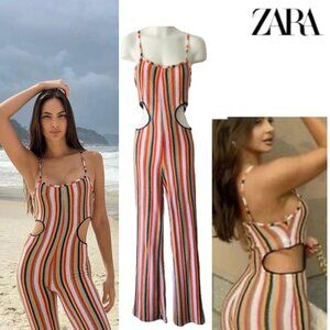 NWT - Zara Striped Terry Cloth Side Cut Out Jumpsuit Size S